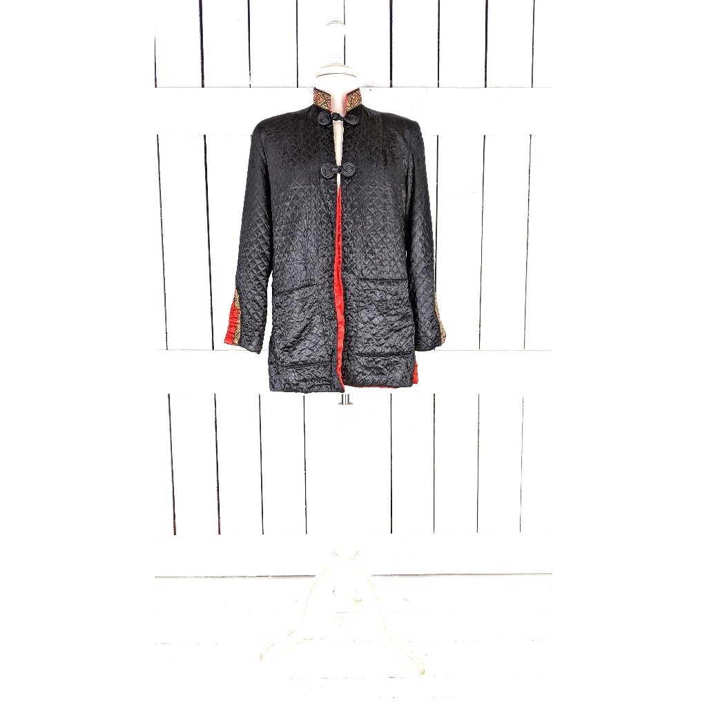 Vintage Black Red Quilted Metallic Gold Trim Asian Cardigan Jacket